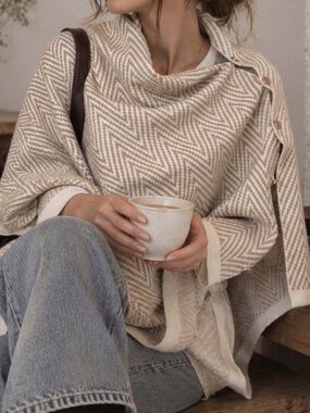 Classic Chevron Print Button Shawl Wrap Poncho Sweater
